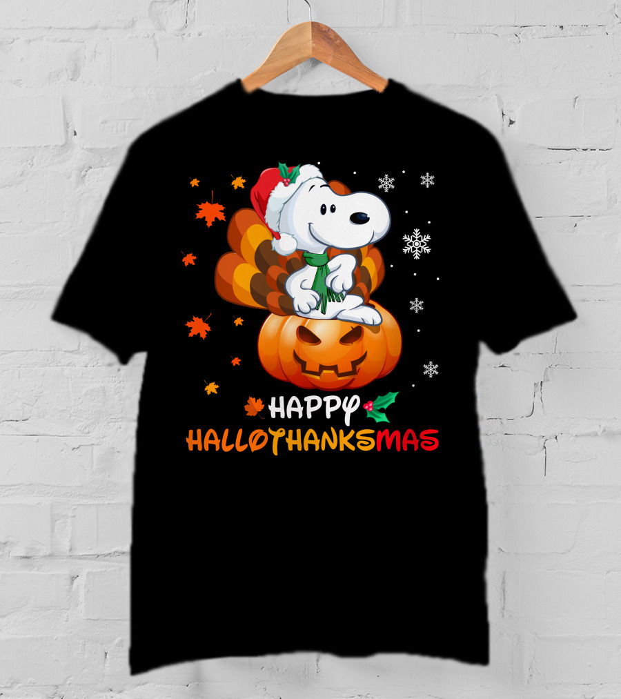 Happy Hallothanksmas Snoopy Christmas Pumpkin Turkey Leaves Snowflakes T-Shirt