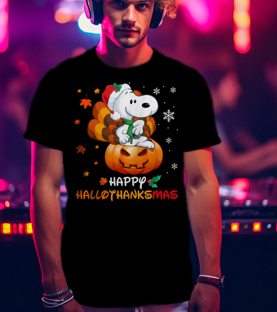 Happy Hallothanksmas Snoopy Christmas Pumpkin Turkey Leaves Snowflakes T-Shirt