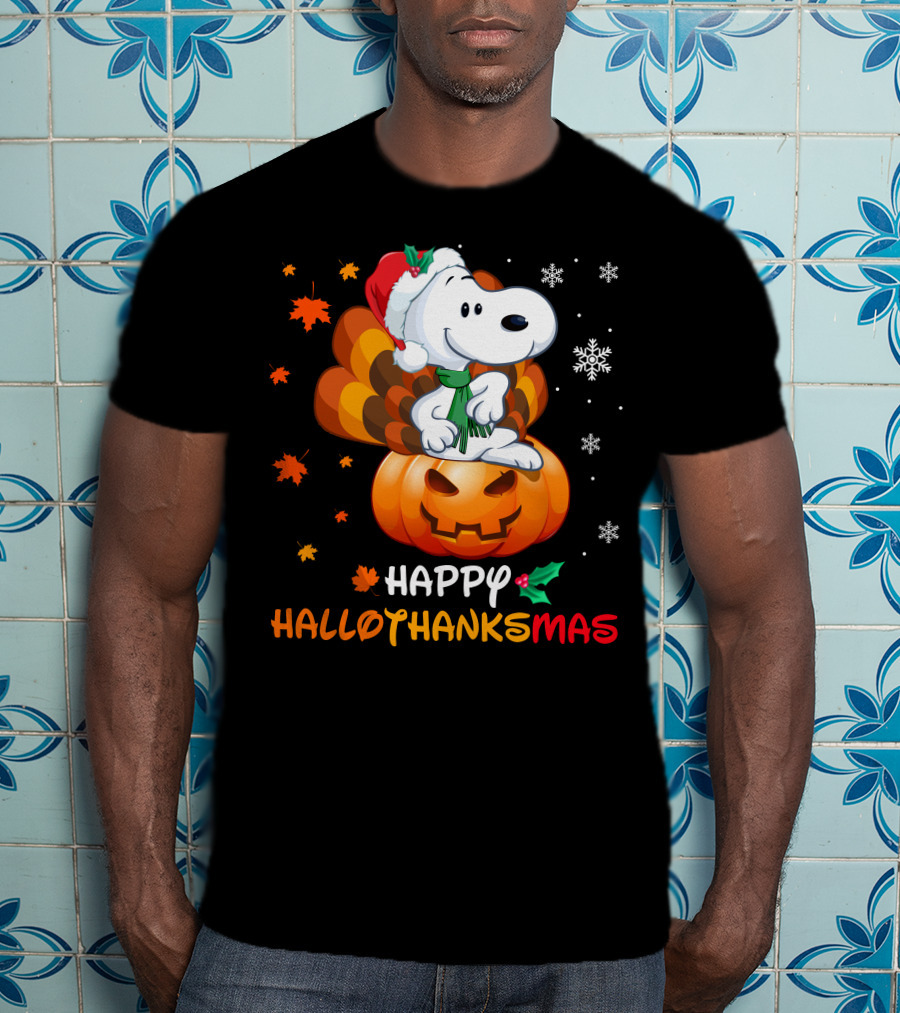 Happy Hallothanksmas Snoopy Christmas Pumpkin Turkey Leaves Snowflakes T-Shirt
