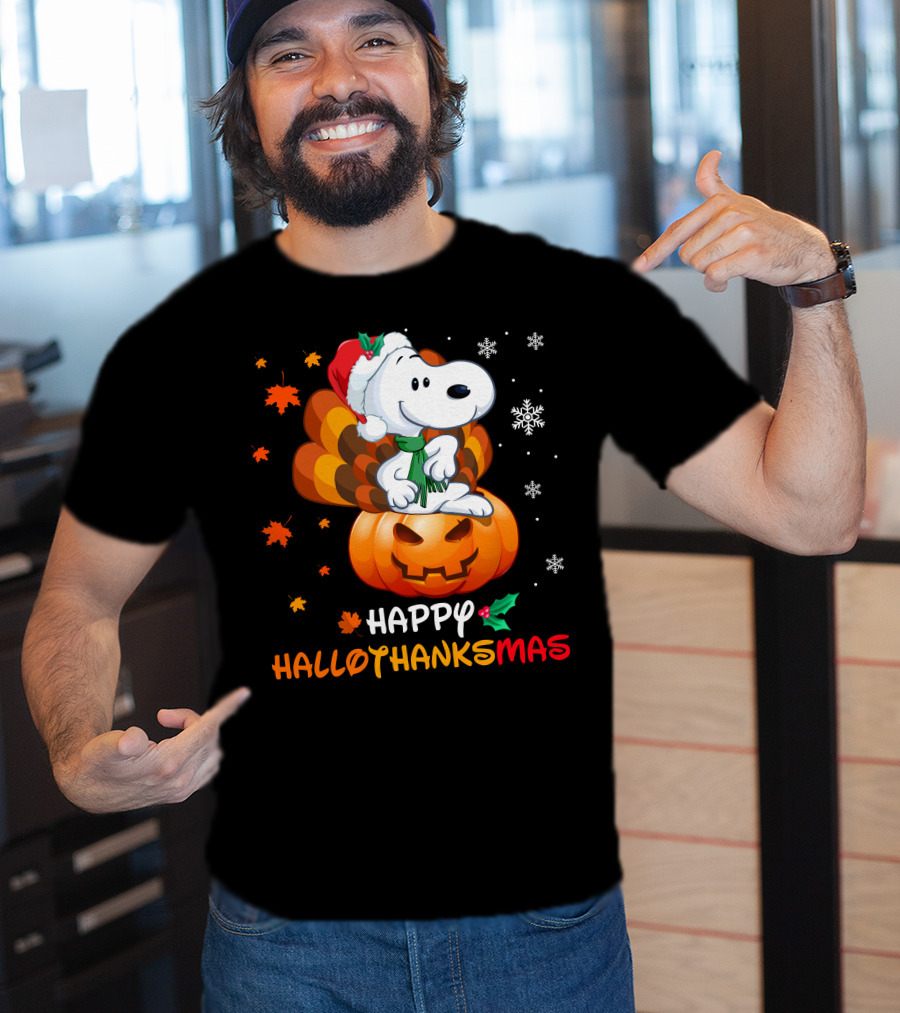 Happy Hallothanksmas Snoopy Christmas Pumpkin Turkey Leaves Snowflakes T-Shirt