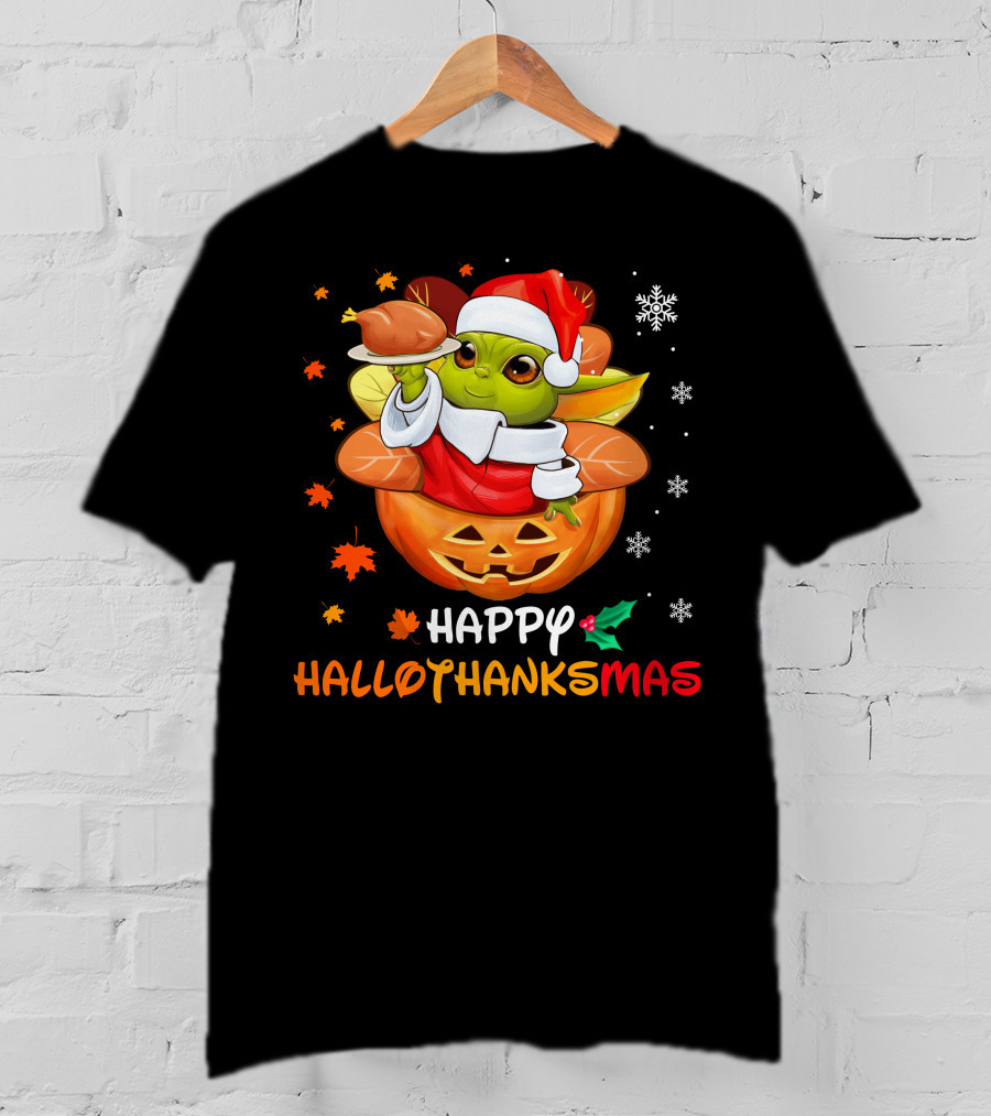 Happy Hallothanksmas Baby Yoda Santa Pumpkin Turkey T-Shirt
