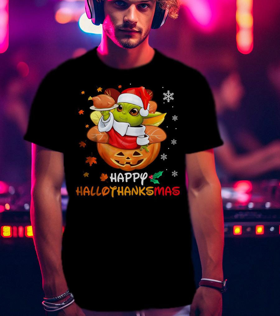 Happy Hallothanksmas Baby Yoda Santa Pumpkin Turkey T-Shirt