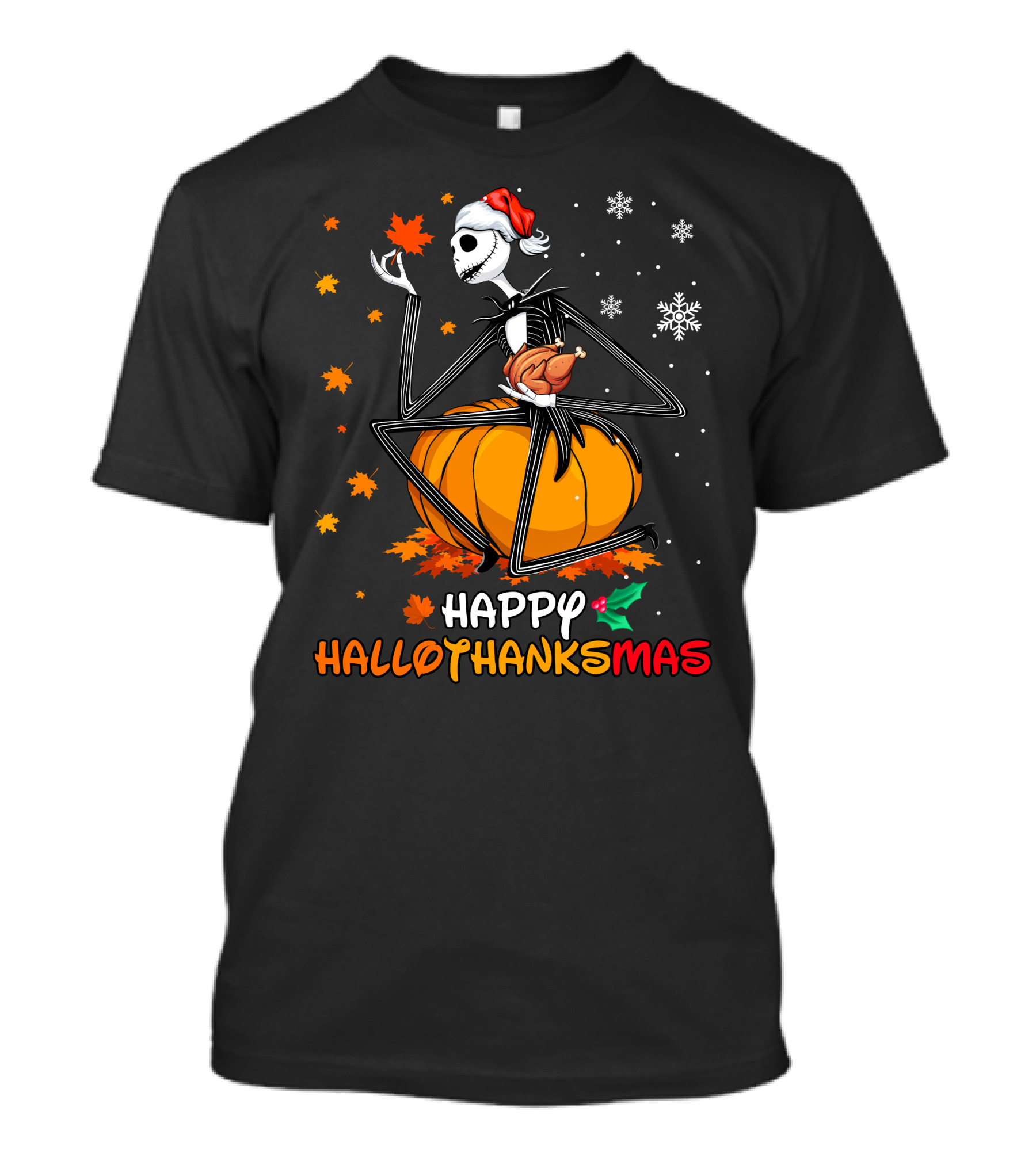 Happy Hallothanksmas Jack Skellington Pumpkin Santa Hat T-Shirt