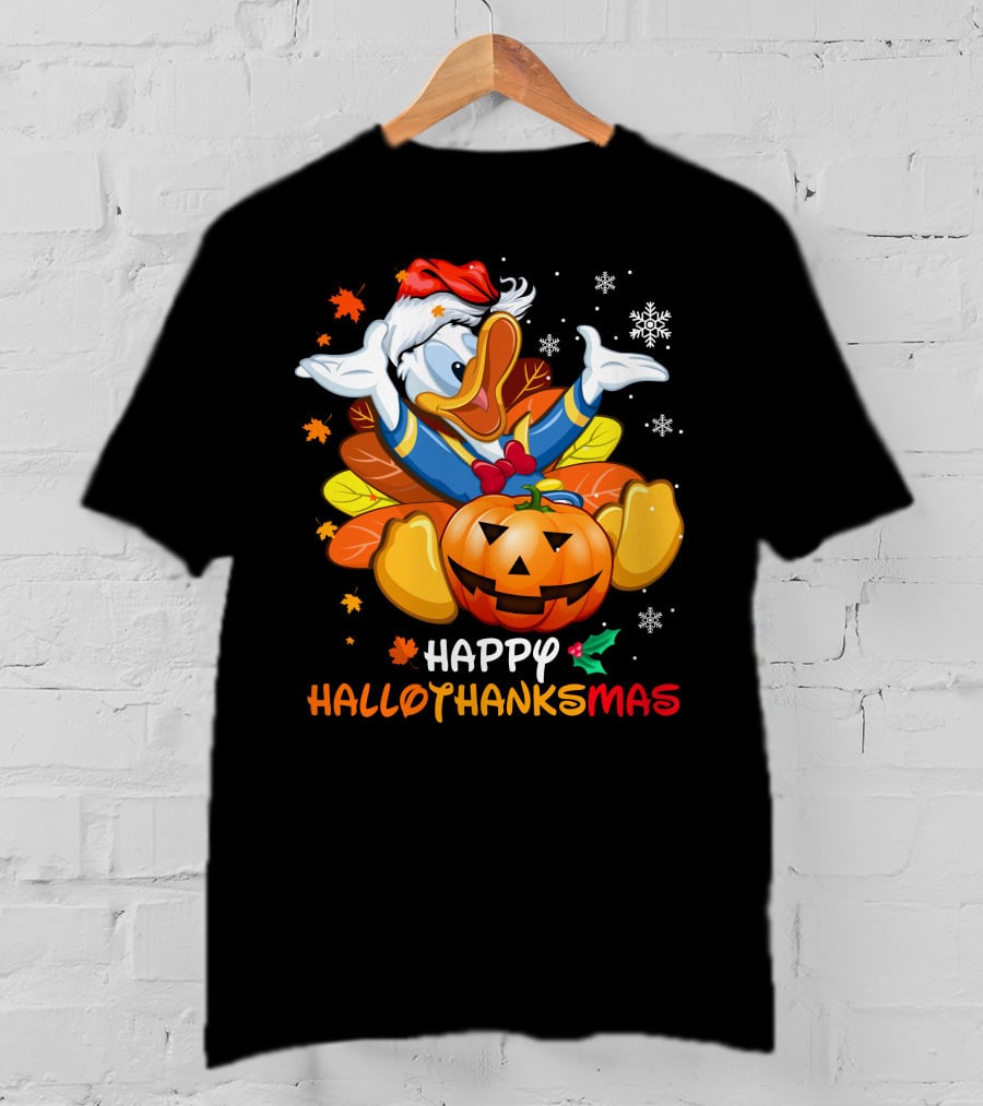 Happy Hallowthanksmas Donald Duck Pumpkin Leaves Snowflakes Santa Hat T-Shirt