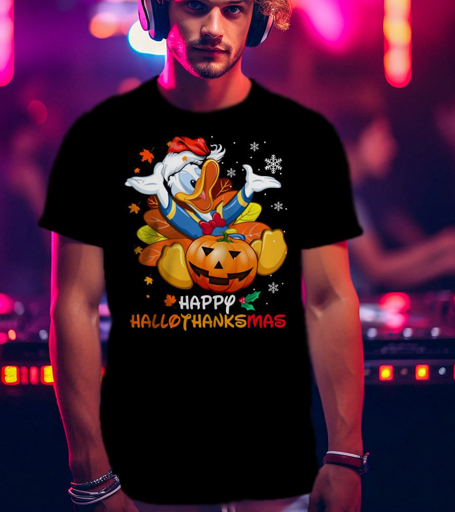 Happy Hallowthanksmas Donald Duck Pumpkin Leaves Snowflakes Santa Hat T-Shirt