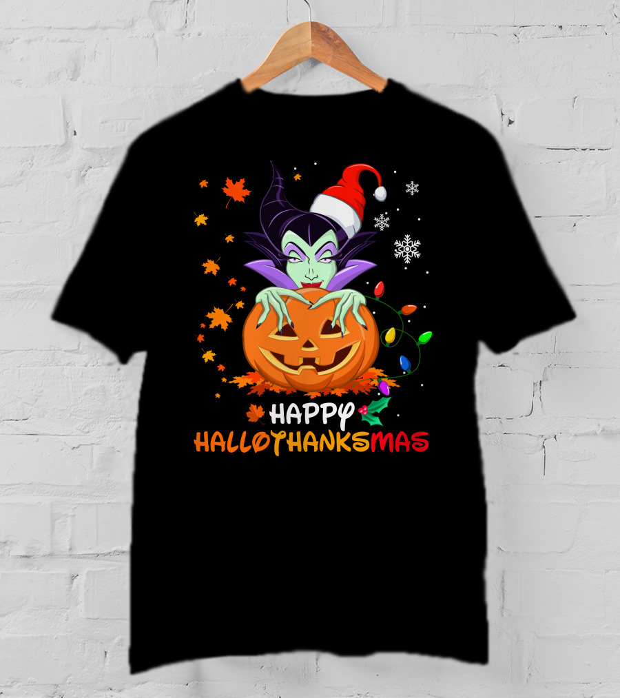 Happy Hallothanksmas Maleficent Pumpkin Holiday Lights T-Shirt