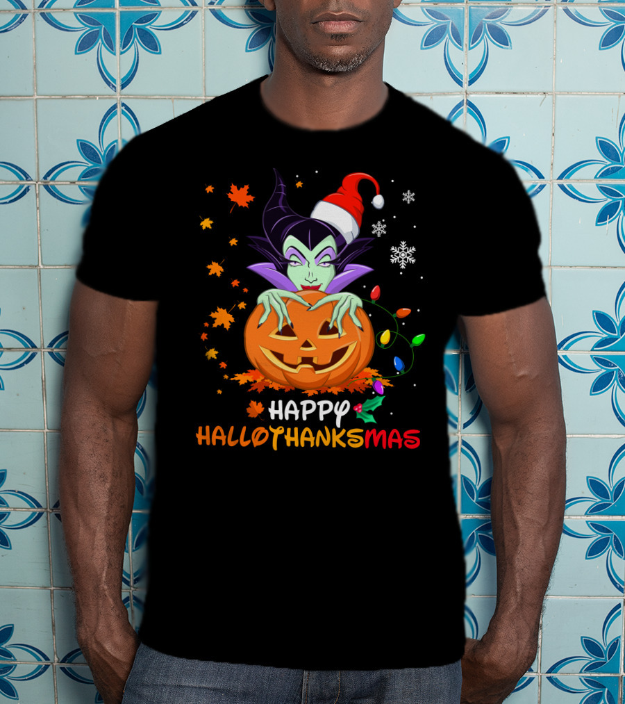 Happy Hallothanksmas Maleficent Pumpkin Holiday Lights T-Shirt