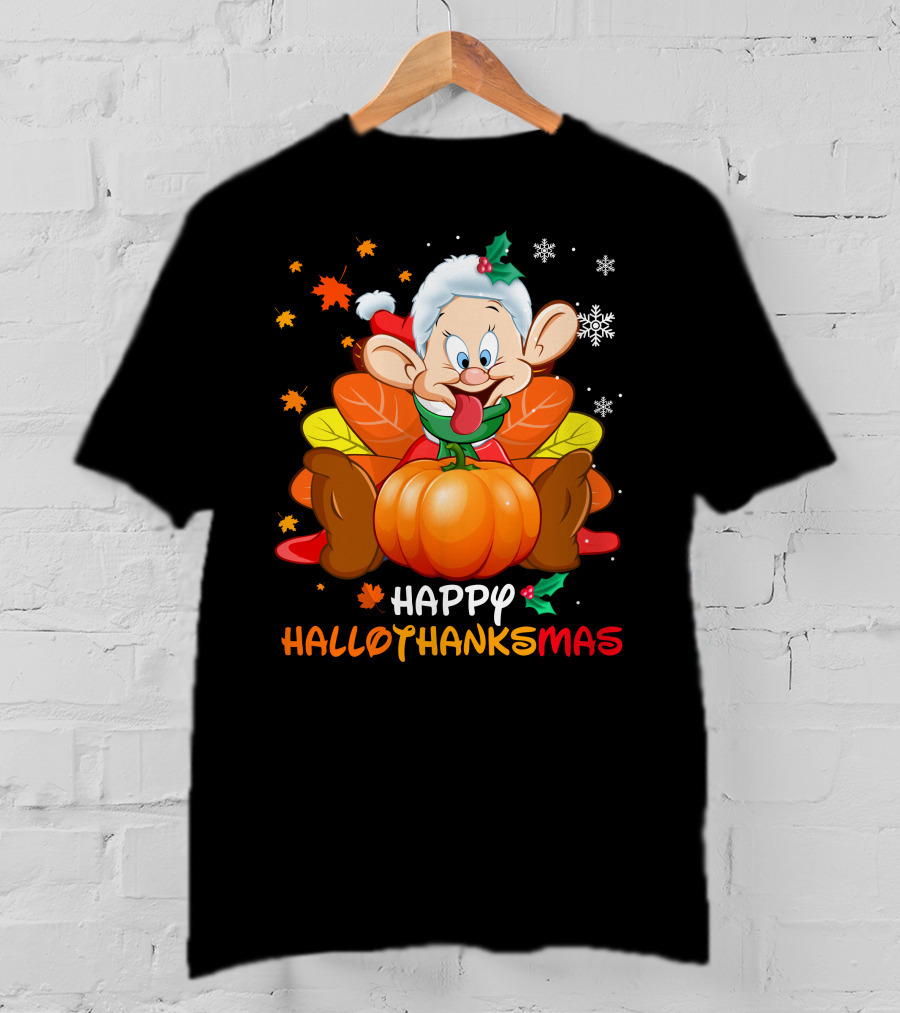 Happy Hallothanksmas Dopey Pumpkin Leaves Snowflakes T-Shirt