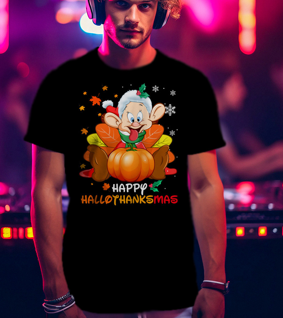 Happy Hallothanksmas Dopey Pumpkin Leaves Snowflakes T-Shirt