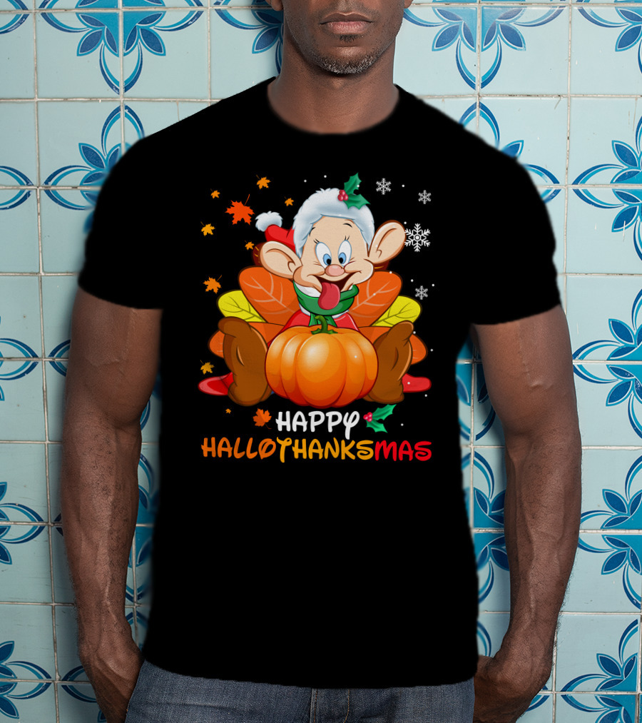 Happy Hallothanksmas Dopey Pumpkin Leaves Snowflakes T-Shirt