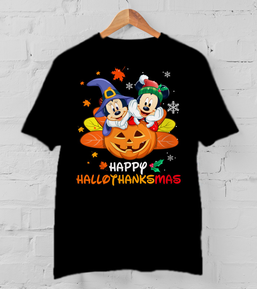 Mickey & Minnie Happy Hallothanksmas Pumpkin Snowflakes Leaves T-Shirt