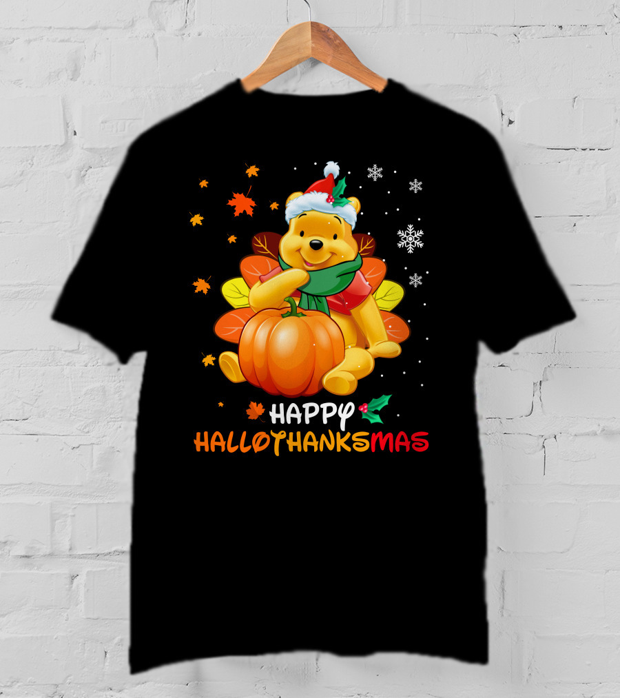 Happy Hallothanksmas Pooh Pumpkin Santa Hat Snowflakes T-Shirt