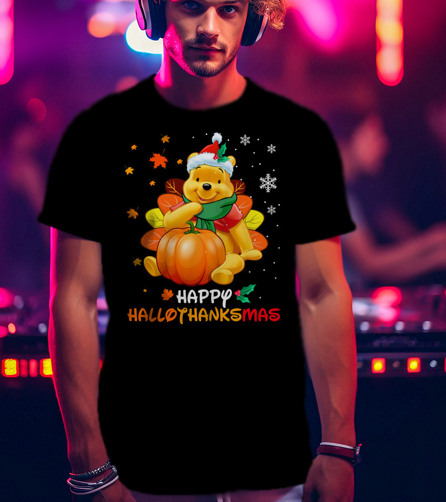 Happy Hallothanksmas Pooh Pumpkin Santa Hat Snowflakes T-Shirt