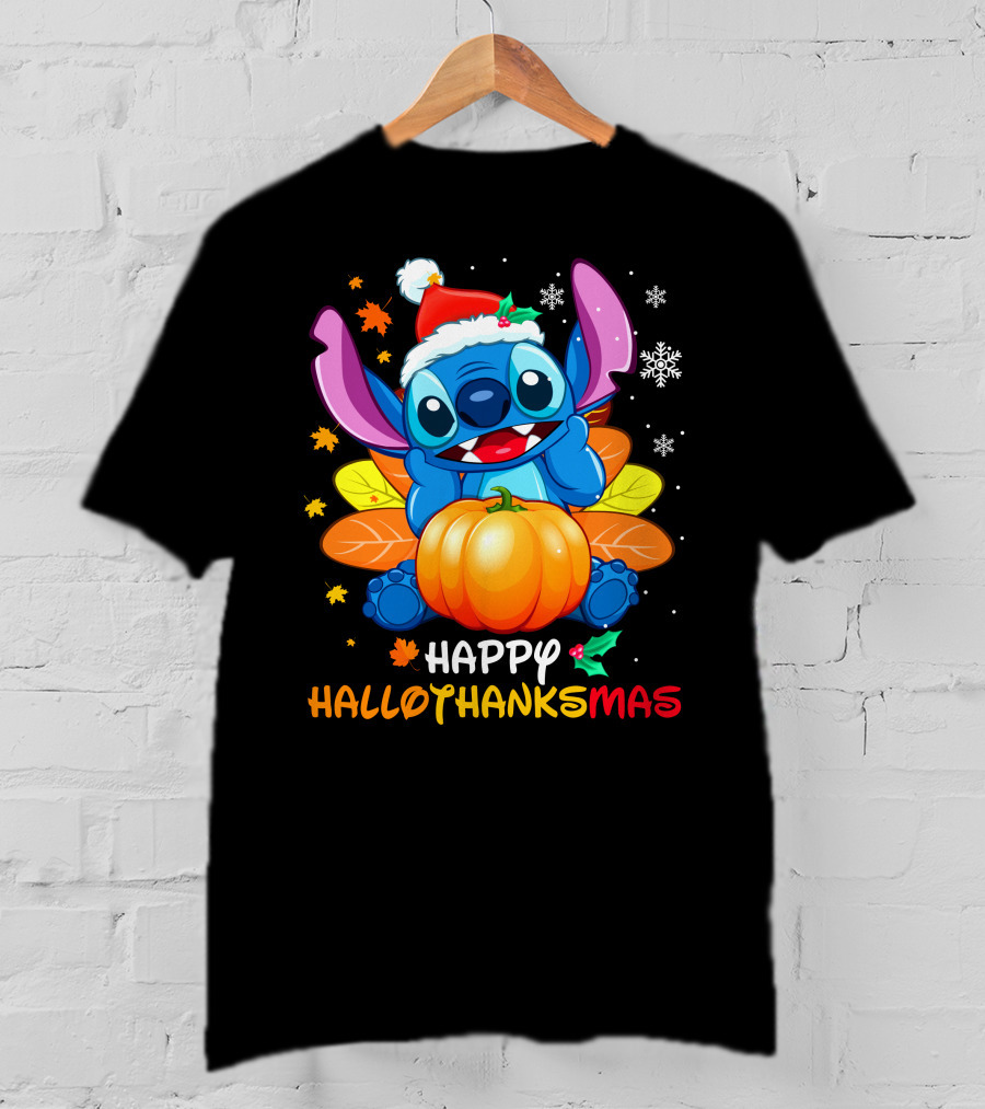 Happy Hallothanksmas Stitch Pumpkin Santa Hat Leaves Snowflakes T-Shirt