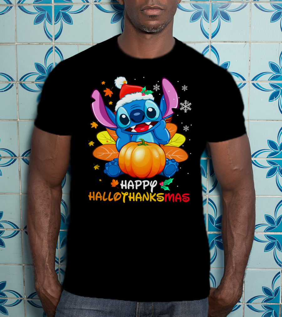 Happy Hallothanksmas Stitch Pumpkin Santa Hat Leaves Snowflakes T-Shirt