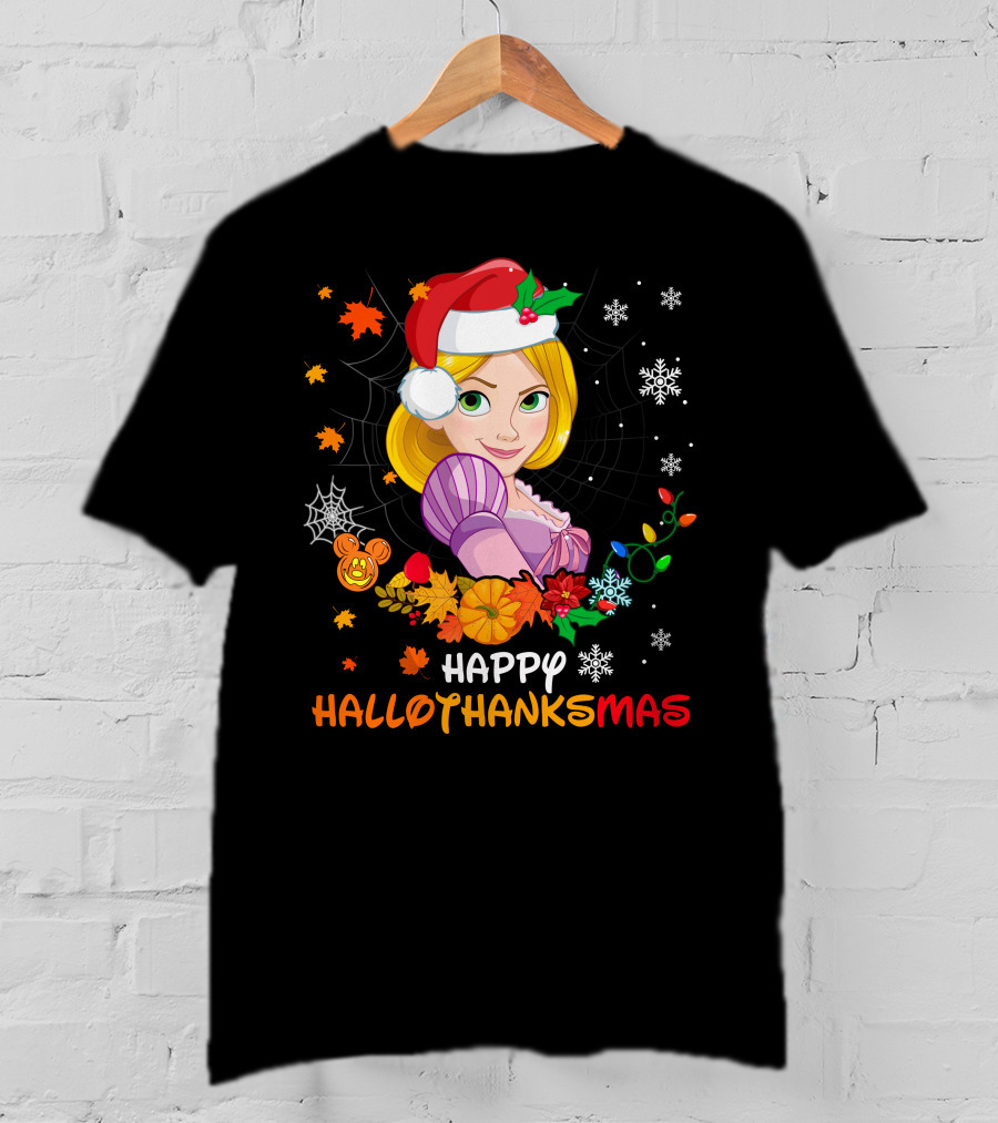 Happy Hallothanksmas Rapunzel Festive Mashup With Santa Hat Autumn Leaves And Christmas Lights T-Shirt