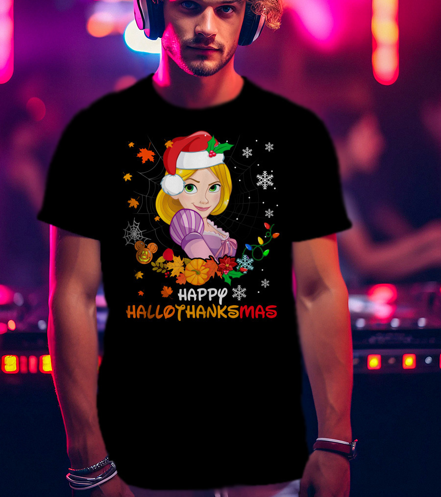 Happy Hallothanksmas Rapunzel Festive Mashup With Santa Hat Autumn Leaves And Christmas Lights T-Shirt