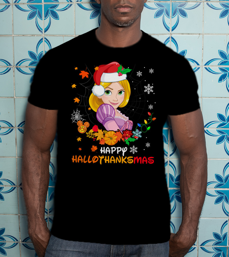 Happy Hallothanksmas Rapunzel Festive Mashup With Santa Hat Autumn Leaves And Christmas Lights T-Shirt