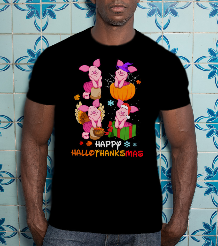 Happy Hallothanksmas Piglet Pumpkin Turkey Gift T-Shirt