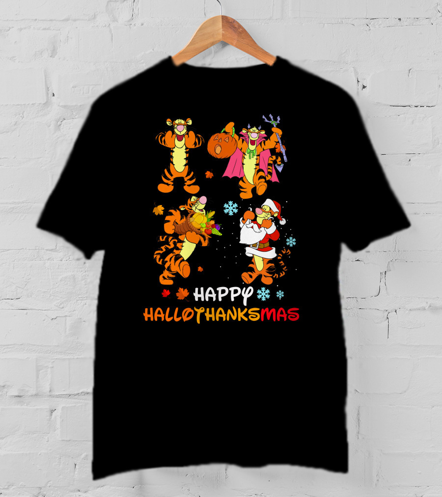 Happy Hallowthanksmas Tigger Pumpkin Basket Santa Snowflakes T-Shirt