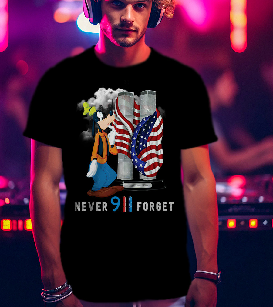 Never Forget Goofy 9/11 Twin Towers American Flag Memorial T-Shirt