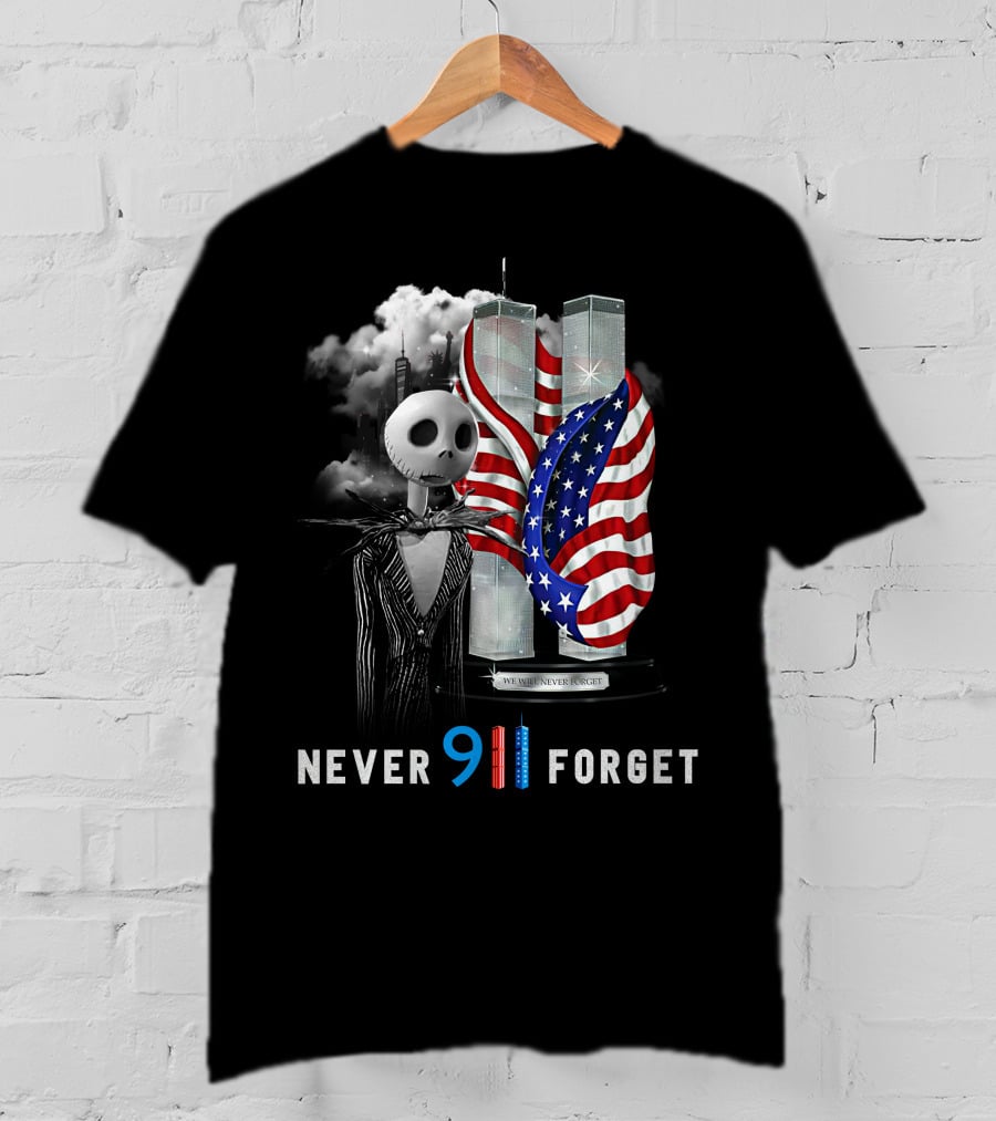 Jack Skellington 9/11 Never Forget Twin Towers American Flag T-Shirt