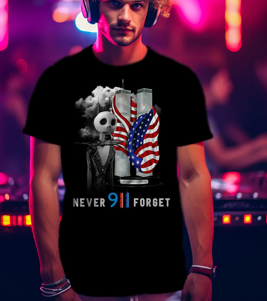 Jack Skellington 9/11 Never Forget Twin Towers American Flag T-Shirt