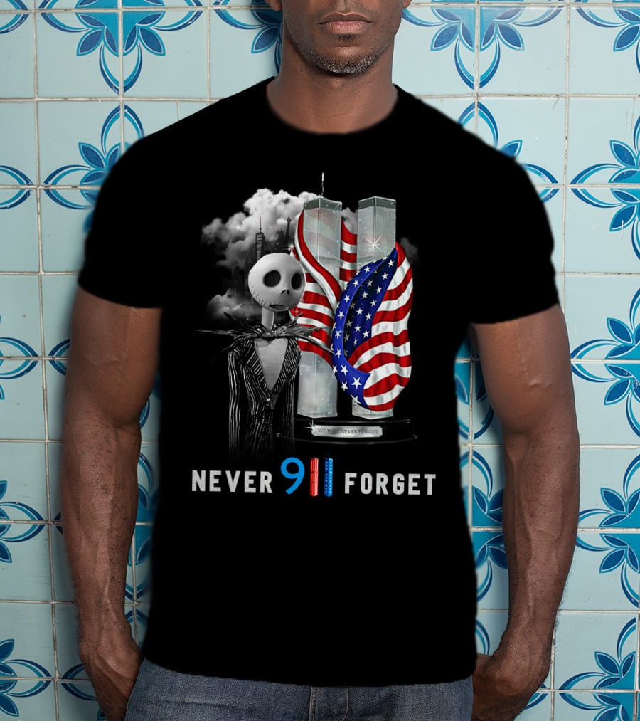 Jack Skellington 9/11 Never Forget Twin Towers American Flag T-Shirt