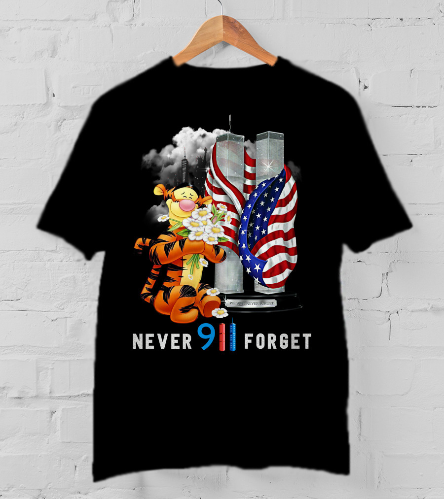 Tigger 9/11 Never Forget Twin Towers And American Flag T-Shirt
