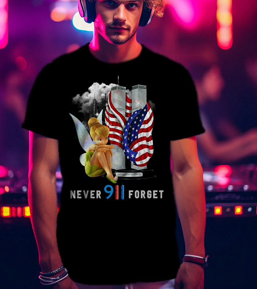 Tinker Bell Never Forget 9/11 Twin Towers Flag Memorial T-Shirt