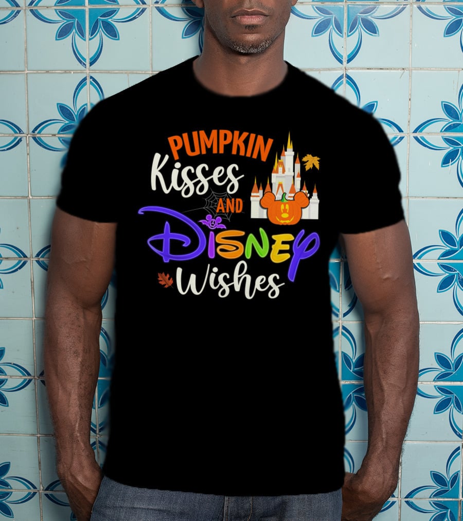 Pumpkin Kisses And Disney Wishes Castle Halloween Leaves T-Shirt