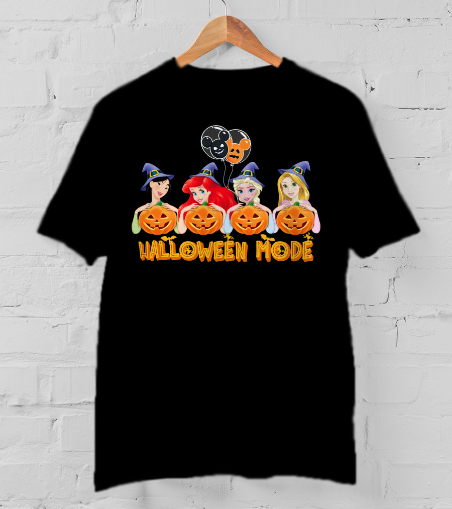 Halloween Mode Princess Characters With Pumpkins And Mickey Balloons T-Shirt