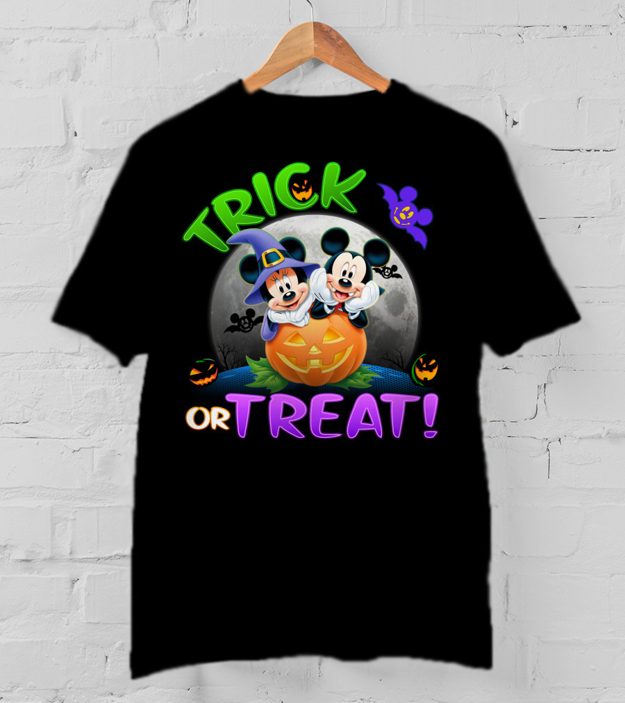 Trick Or Treat Mickey And Minnie Halloween Pumpkin Moon Bat T-Shirt