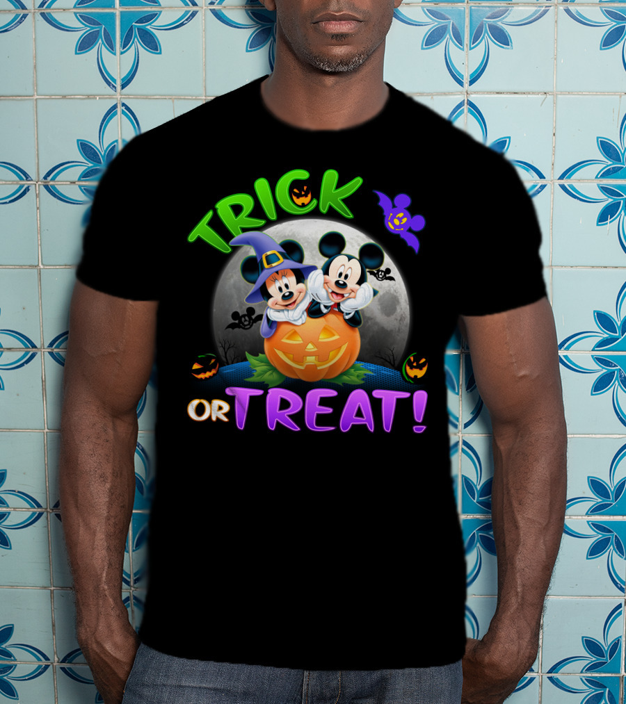 Trick Or Treat Mickey And Minnie Halloween Pumpkin Moon Bat T-Shirt