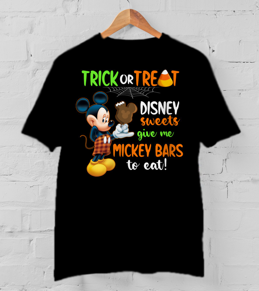 Trick Or Treat Disney Sweets Give Me Mickey Bars To Eat Candy Corn And Spiderweb With Mickey Mouse Eating Chocolate Ice Cream T-Shirt