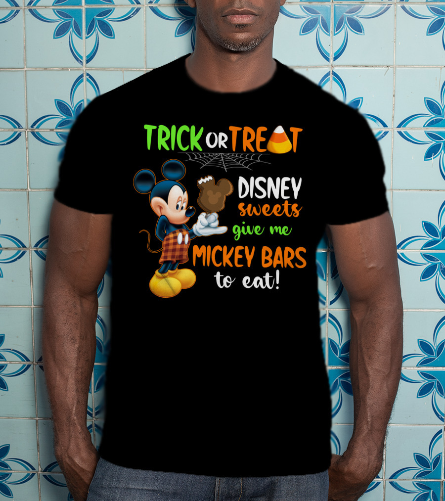 Trick Or Treat Disney Sweets Give Me Mickey Bars To Eat Candy Corn And Spiderweb With Mickey Mouse Eating Chocolate Ice Cream T-Shirt