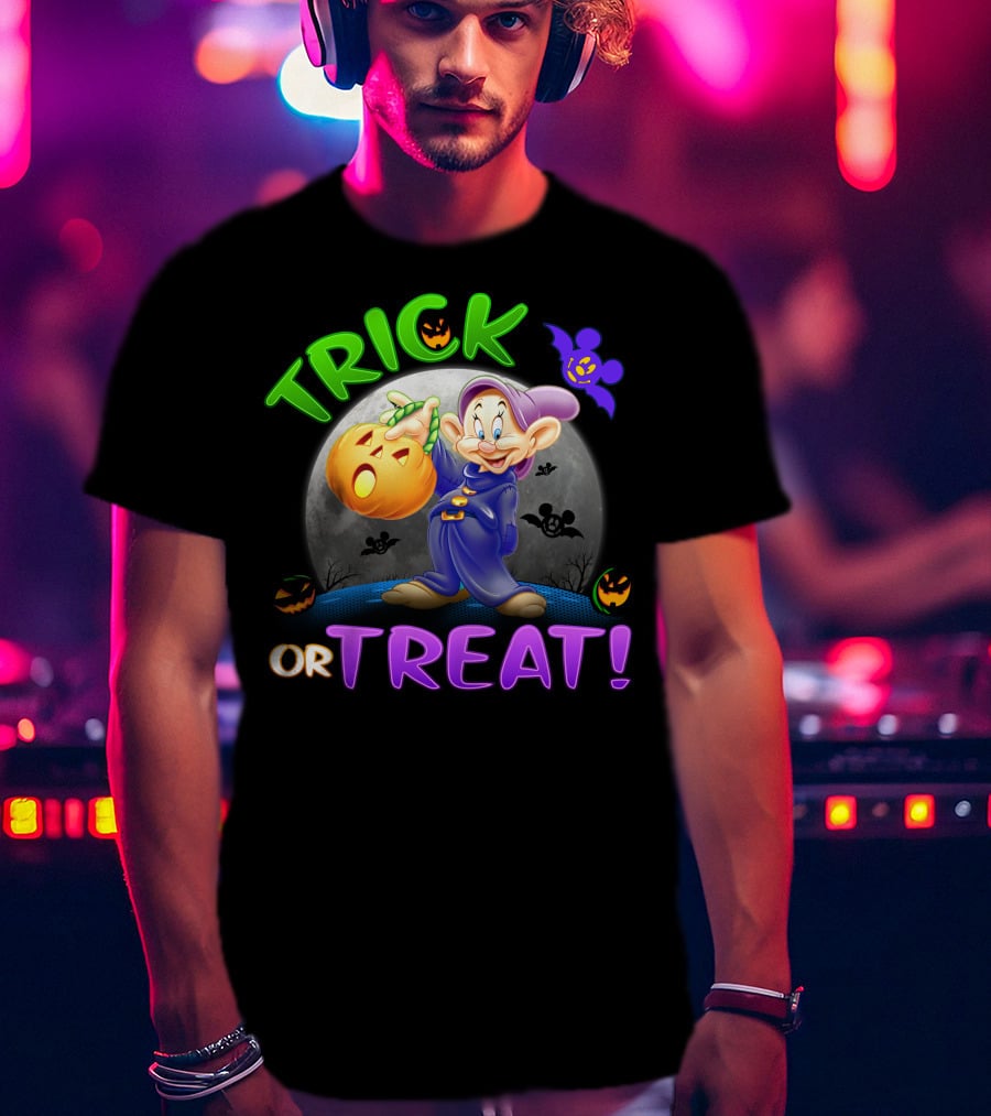 Trick Or Treat Dopey Halloween Disney Character With Pumpkin And Bat T-Shirt