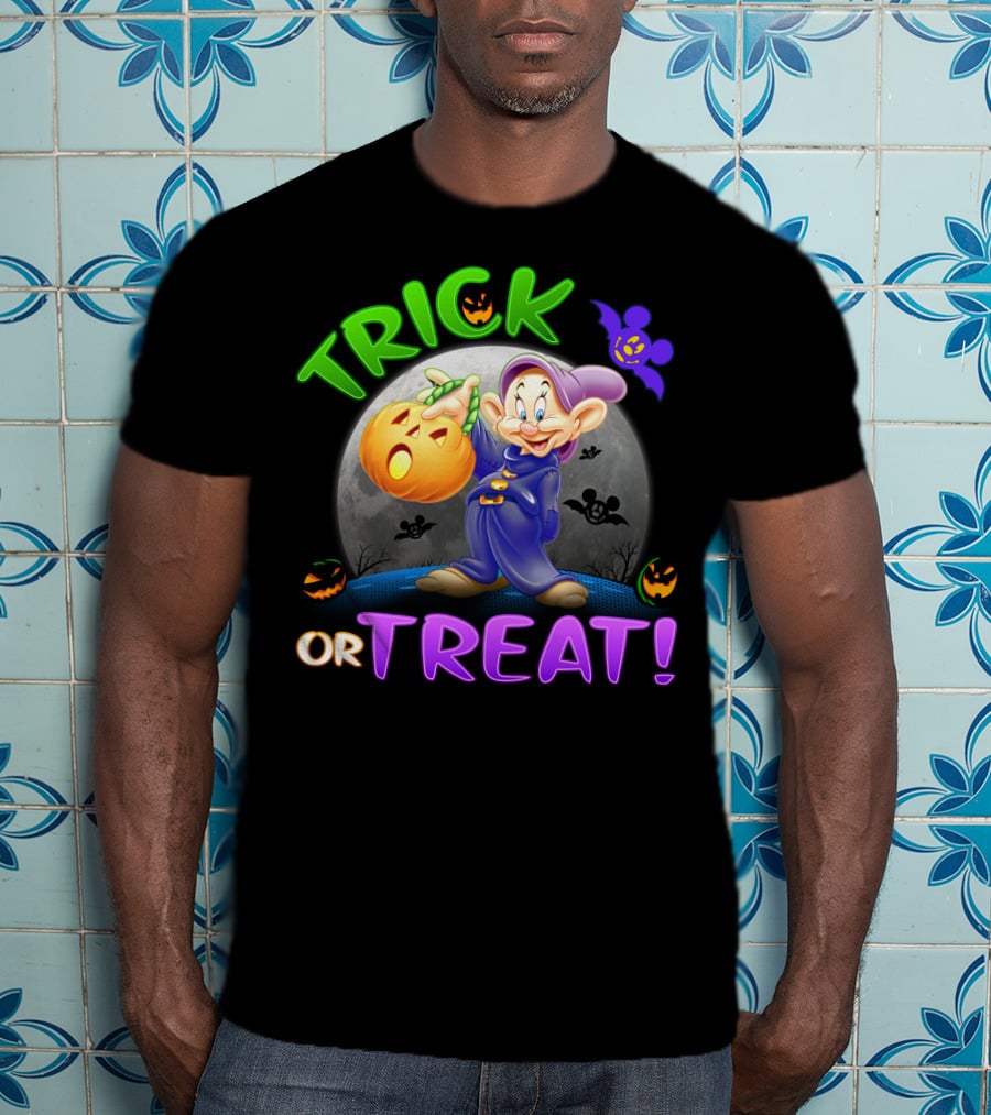 Trick Or Treat Dopey Halloween Disney Character With Pumpkin And Bat T-Shirt
