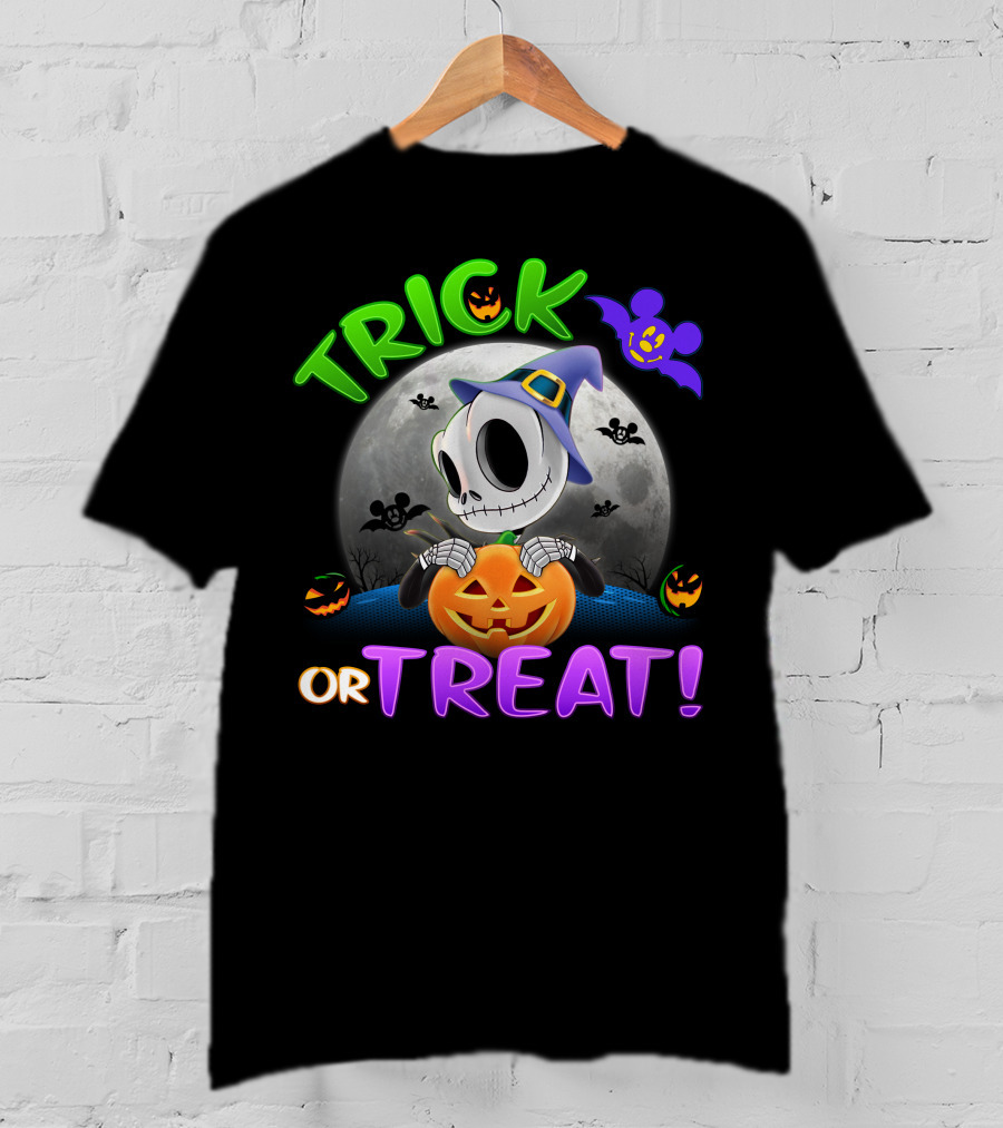 Trick Or Treat Jack Skellington In Halloween Moon With Pumpkins And Purple Bat T-Shirt