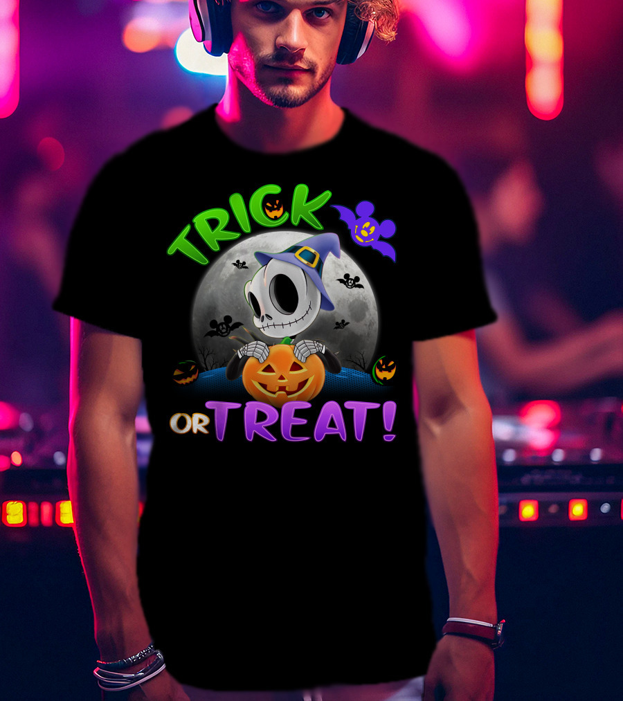 Trick Or Treat Jack Skellington In Halloween Moon With Pumpkins And Purple Bat T-Shirt