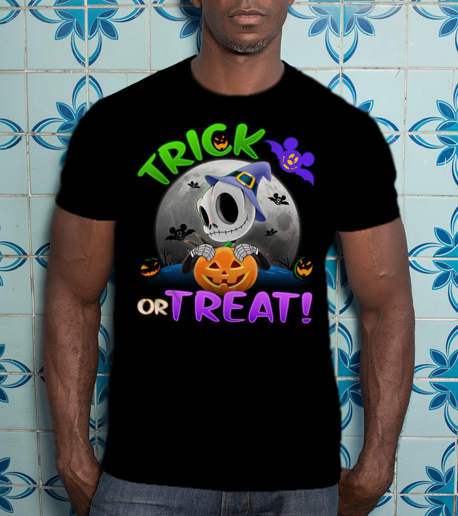 Trick Or Treat Jack Skellington In Halloween Moon With Pumpkins And Purple Bat T-Shirt