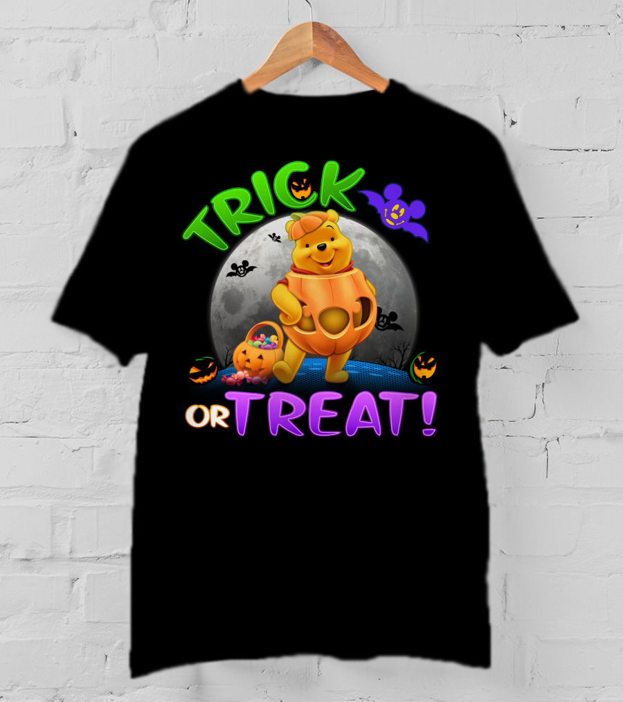 Trick Or Treat Pooh Halloween Moon Bats And Pumpkins T-Shirt