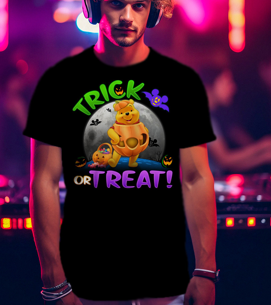Trick Or Treat Pooh Halloween Moon Bats And Pumpkins T-Shirt