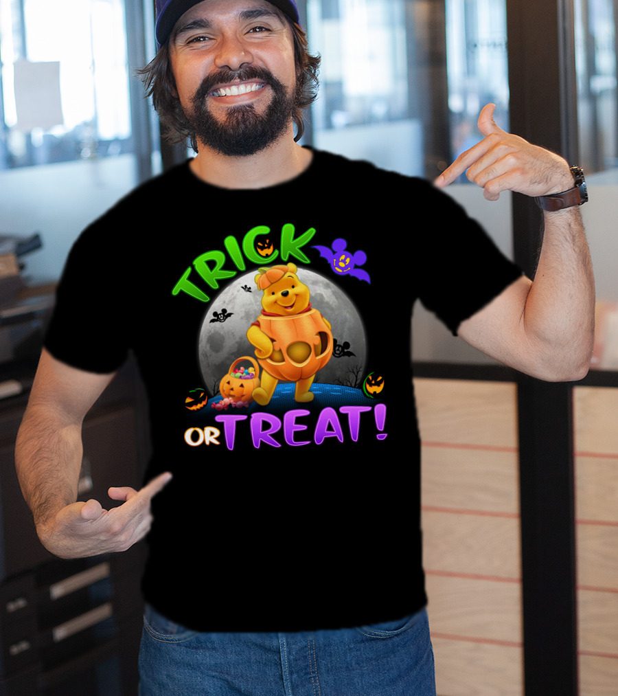 Trick Or Treat Pooh Halloween Moon Bats And Pumpkins T-Shirt