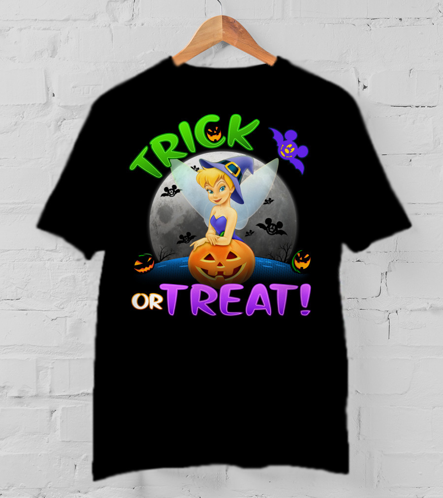 Trick Or Treat Tinker Bell Halloween Jack-O'-Lantern Moon Bat Mickey Ears T-Shirt