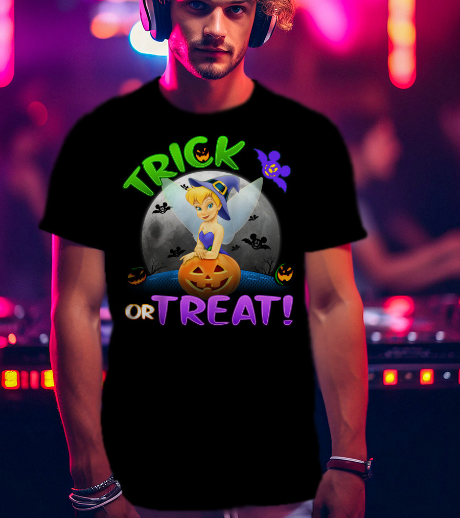Trick Or Treat Tinker Bell Halloween Jack-O'-Lantern Moon Bat Mickey Ears T-Shirt