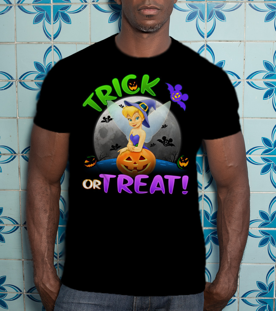 Trick Or Treat Tinker Bell Halloween Jack-O'-Lantern Moon Bat Mickey Ears T-Shirt