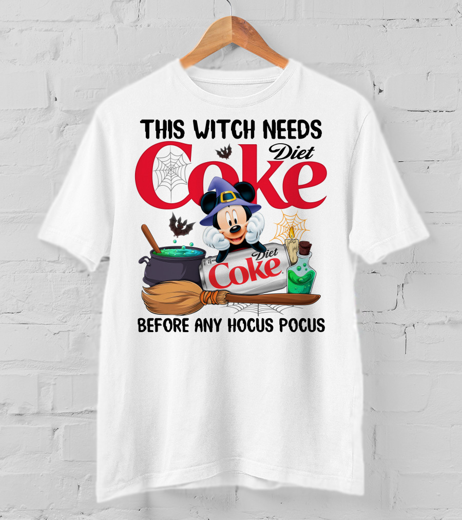 This Witch Needs Diet Coke Before Any Hocus Pocus Mouse Hat Potion Broom Cauldron T-Shirt