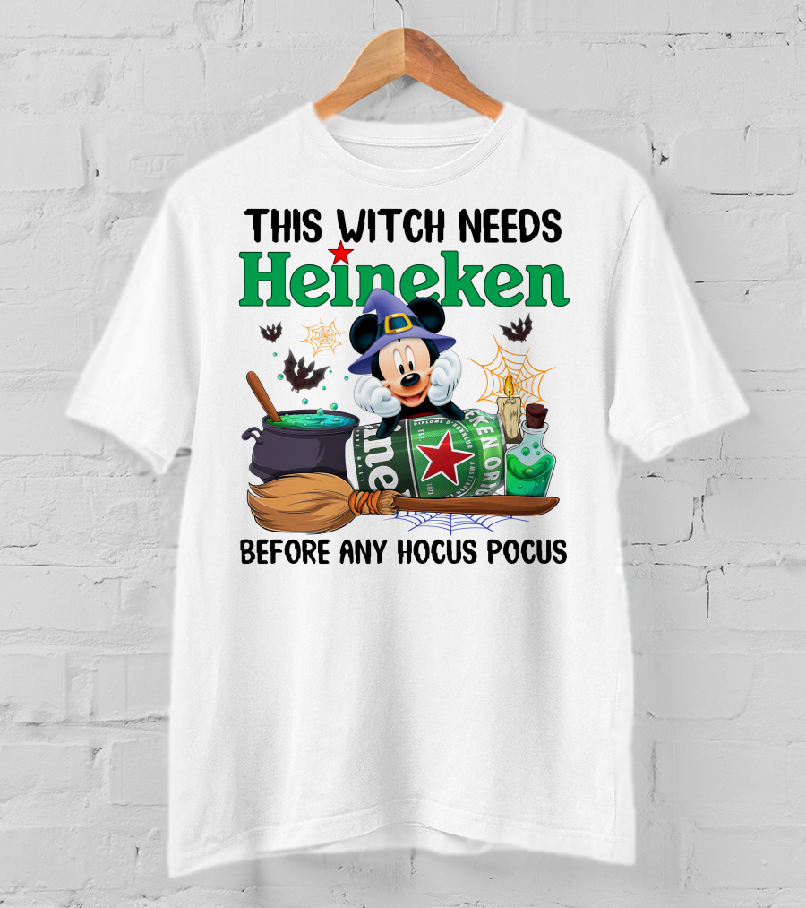 This Witch Needs Heineken With Cartoon Mouse In Wizard Hat Before Any Hocus Pocus T-Shirt