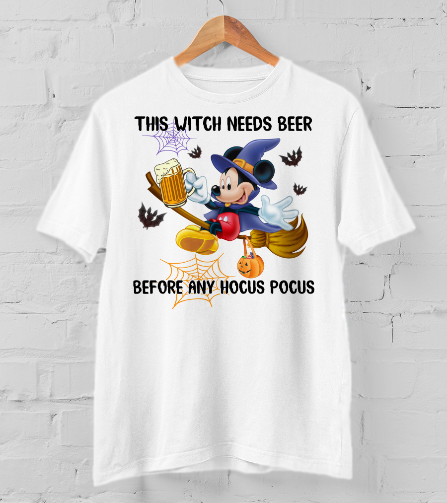This Witch Needs Beer Before Any Hocus Pocus Halloween Character On Broom With Pumpkin And Beer Mug T-Shirt